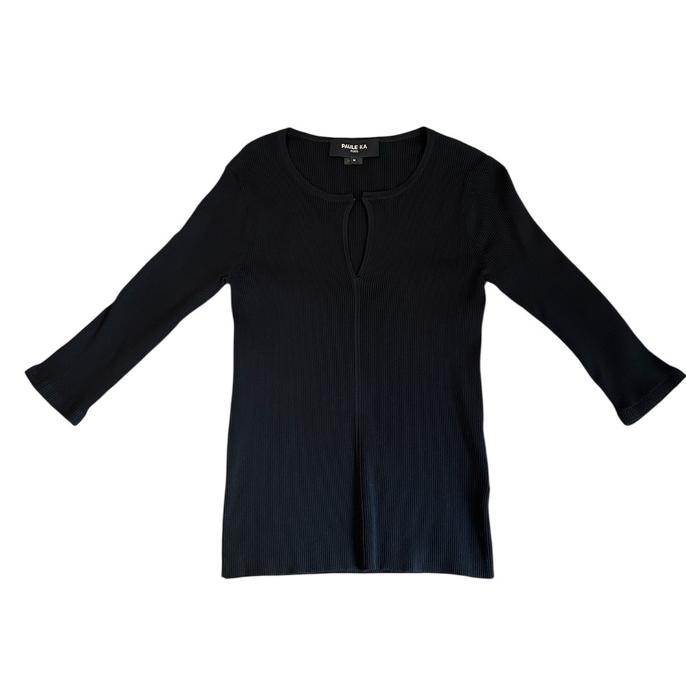PAULE KA Black Fitted Blouse with 3/4 Sleeves, Size M